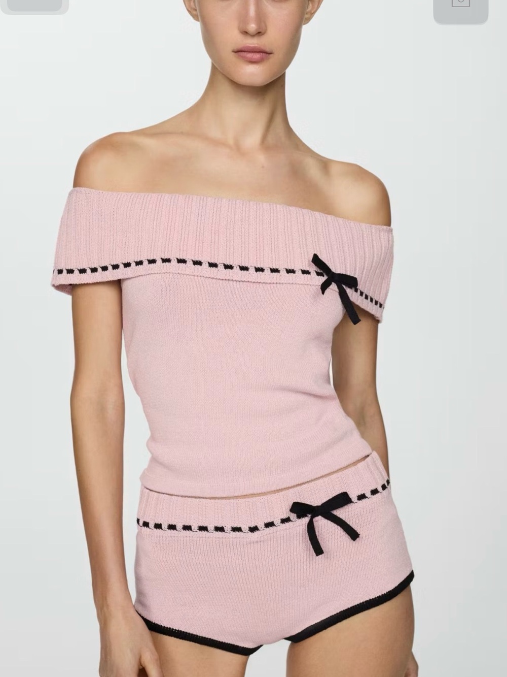 Mango Pink Off-Shoulder High Waist Shorts Set with Black Trim
